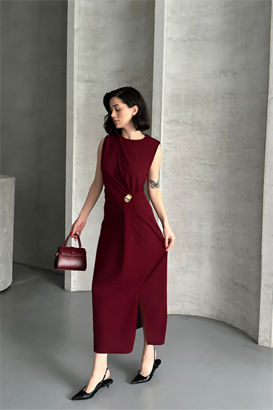 Kadın Bordo Taş Detaylı Yırtmaçlı Şık Midi Elbise