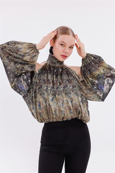 Kadın Haki Etnik Desenli Omuz Dekolteli Halter Yaka Şifon Bluz