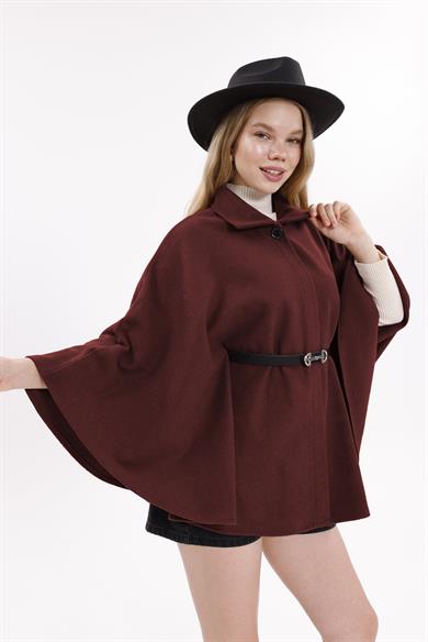 KADIN KEMERLİ KAŞE PANÇO BORDO 