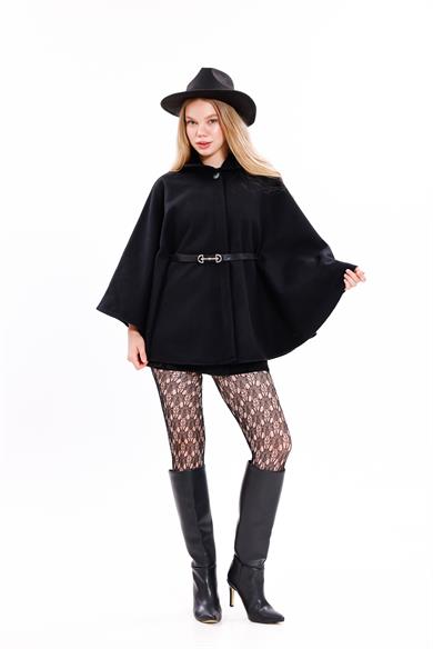 KADIN KEMERLİ KAŞE PANÇO SİYAH