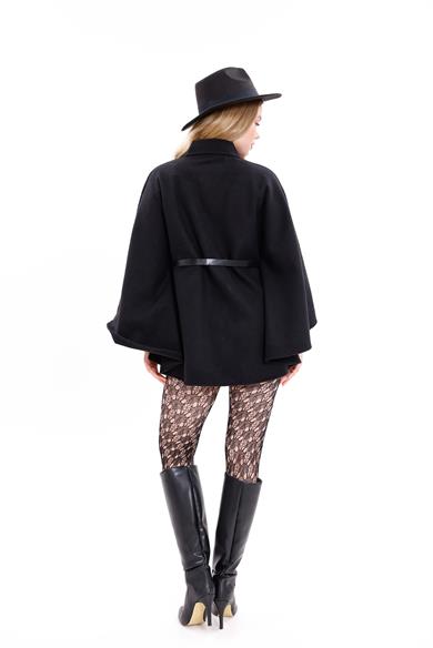 KADIN KEMERLİ KAŞE PANÇO SİYAH