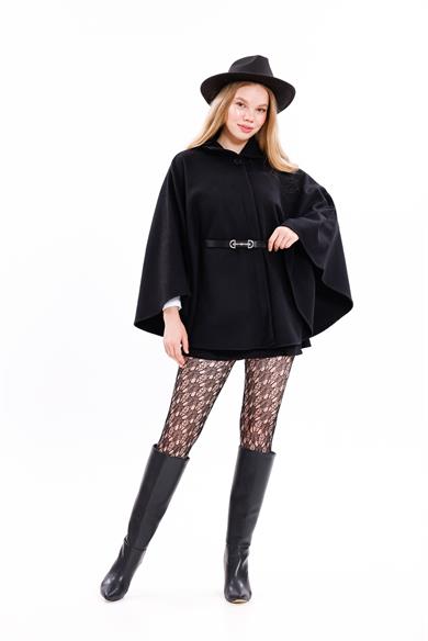 KADIN KEMERLİ KAŞE PANÇO SİYAH