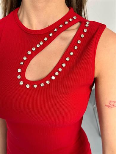 Kadın Kırmızı Damla Dekolteli Taş Detaylı Yırtmaçlı Kalem Elbise