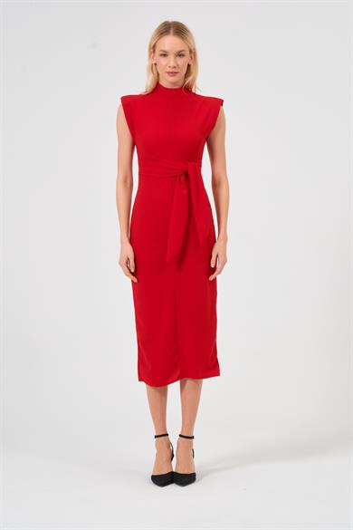 Kadın Kırmızı Önü Bağlamalı Yırtmaç Detaylı Vatkalı Kalem Elbise