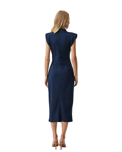 Kadın Lacivert Drape Detaylı Vatkalı Broş Detaylı Elbise