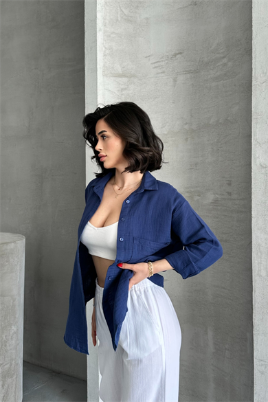 Kadın Lacivert Müslin Kumaş Oversize Gömlek