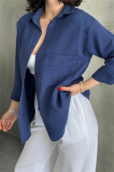 Kadın Lacivert Müslin Kumaş Oversize Gömlek