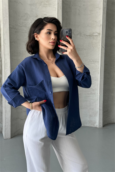 Kadın Lacivert Müslin Kumaş Oversize Gömlek