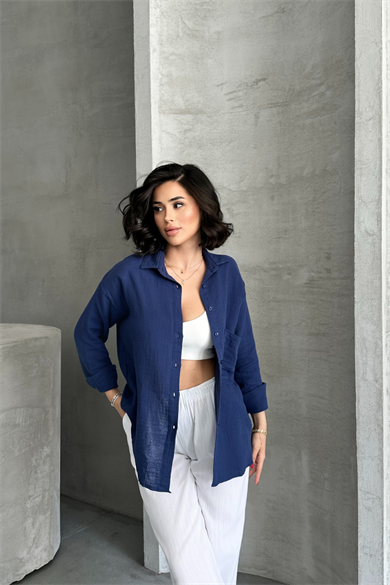 Kadın Lacivert Müslin Kumaş Oversize Gömlek