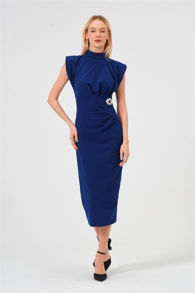 Kadın Mavi Drape Detaylı Vatkalı Broş Detaylı Elbise 