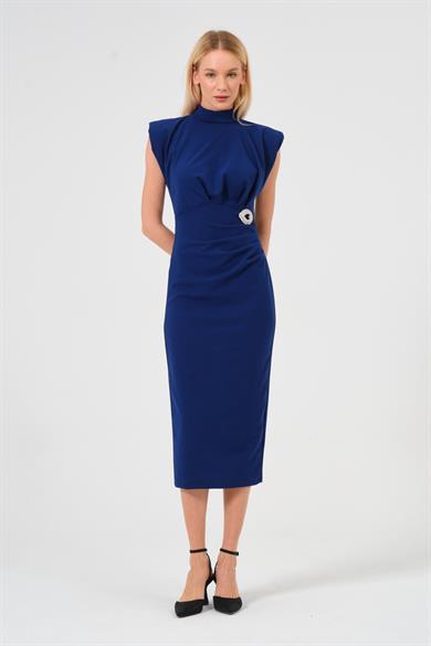Kadın Mavi Drape Detaylı Vatkalı Broş Detaylı Elbise 