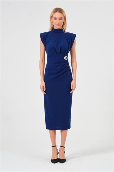 Kadın Mavi Drape Detaylı Vatkalı Broş Detaylı Elbise 