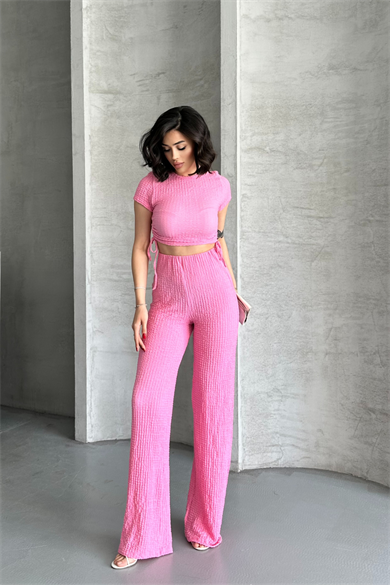 Kadın Pembe Kısa Kollu Büzgü Detaylı Crop & Bol Paça Takım