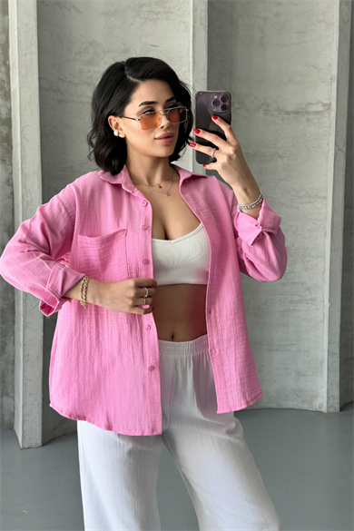 Kadın Pembe Müslin Kumaş Oversize Gömlek