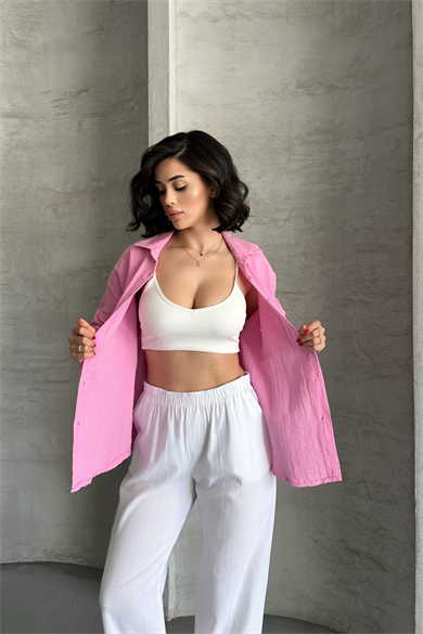 Kadın Pembe Müslin Kumaş Oversize Gömlek