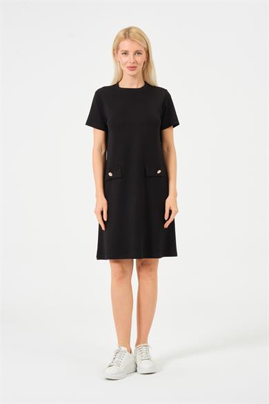 Kadın Siyah Bisiklet Yaka Taş Detaylı Modal Kısa Elbise