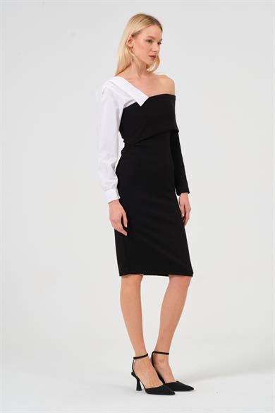 Kadın Siyah Gömlek Yaka Detaylı Midi Boy Elbise