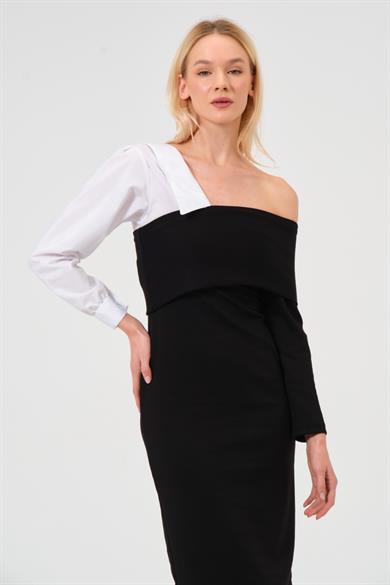 Kadın Siyah Gömlek Yaka Detaylı Midi Boy Elbise