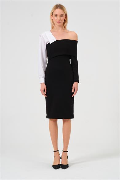 Kadın Siyah Gömlek Yaka Detaylı Midi Boy Elbise