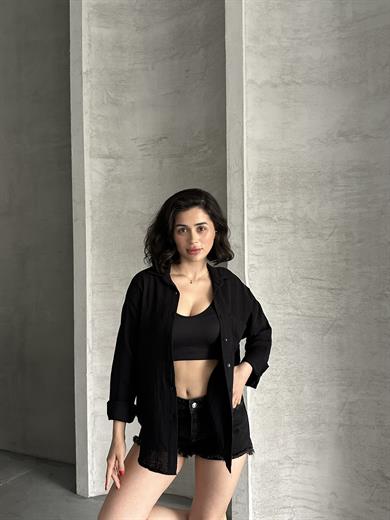 Kadın Siyah Müslin Kumaş Oversize Gömlek