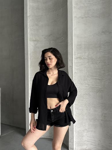 Kadın Siyah Müslin Kumaş Oversize Gömlek