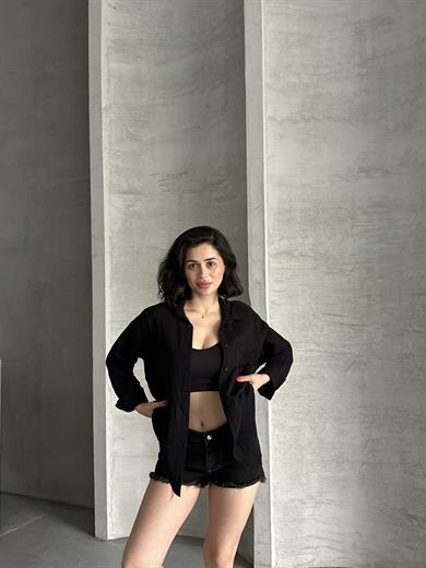 Kadın Siyah Müslin Kumaş Oversize Gömlek