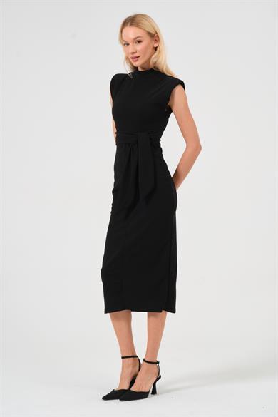 Kadın Siyah Önü Bağlamalı Yırtmaç Detaylı Vatkalı Kalem Elbise
