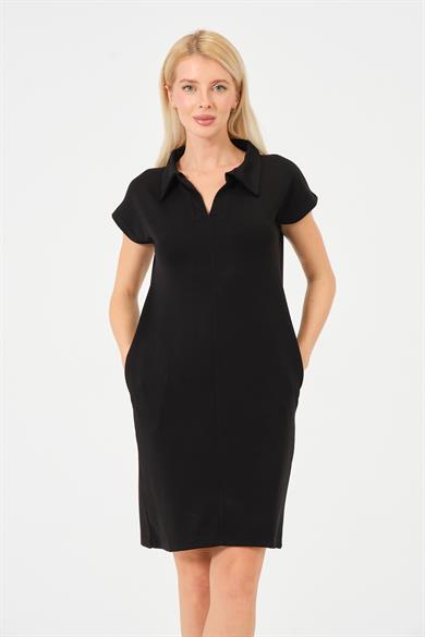 Kadın Siyah Polo Yaka Modal Kısa Elbise