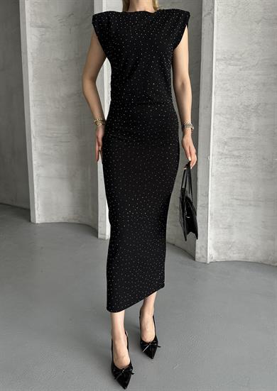 Kadın Siyah Taş Detaylı Omuz Vatkalı Midi Elbise