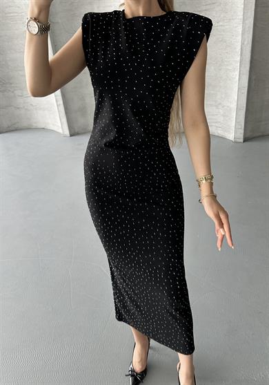 Kadın Siyah Taş Detaylı Omuz Vatkalı Midi Elbise