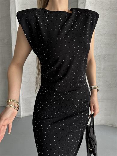 Kadın Siyah Taş Detaylı Omuz Vatkalı Midi Elbise