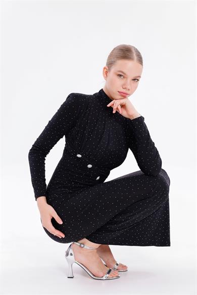 Kadın Siyah Taşlı Uzun Kollu Sandy Abiye Elbise