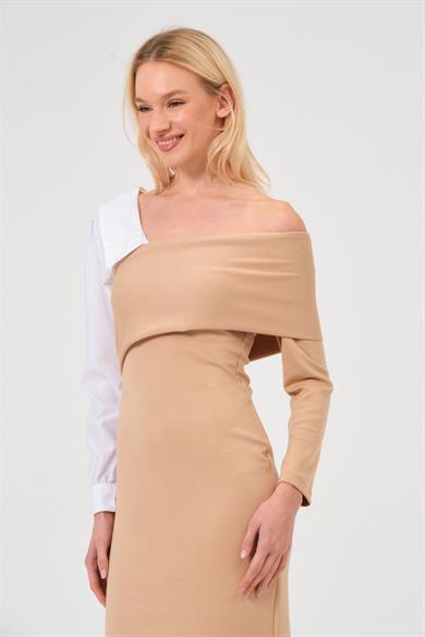 Kadın Vizon Gömlek Yaka Detaylı Midi Boy Elbise