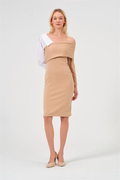 Kadın Vizon Gömlek Yaka Detaylı Midi Boy Elbise