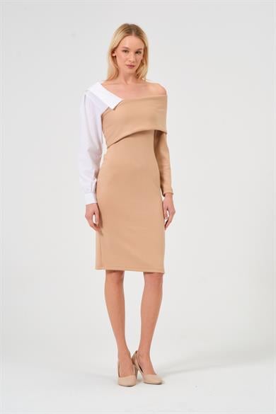 Kadın Vizon Gömlek Yaka Detaylı Midi Boy Elbise