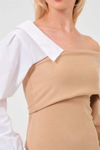 Kadın Vizon Gömlek Yaka Detaylı Midi Boy Elbise