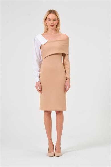 Kadın Vizon Gömlek Yaka Detaylı Midi Boy Elbise