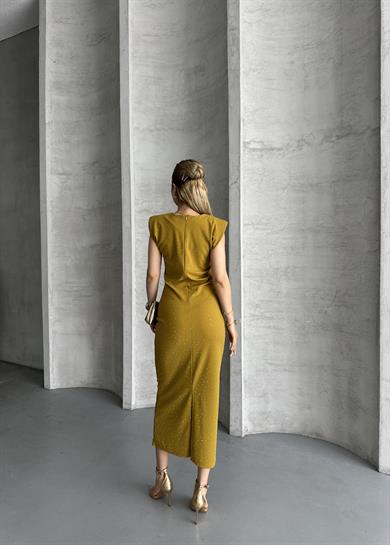 Kadın Yağ Yeşili Taş Detaylı Omuz Vatkalı Midi Elbise