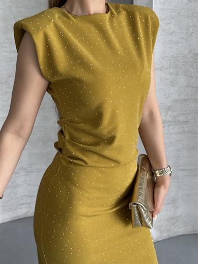 Kadın Yağ Yeşili Taş Detaylı Omuz Vatkalı Midi Elbise