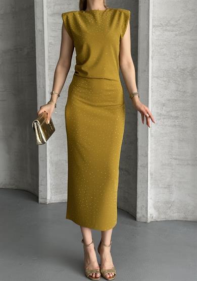 Kadın Yağ Yeşili Taş Detaylı Omuz Vatkalı Midi Elbise