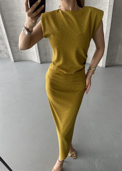 Kadın Yağ Yeşili Taş Detaylı Omuz Vatkalı Midi Elbise