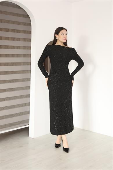 Kayık Yaka Sim Detaylı Drapeli Sandy Abiye Elbise Siyah