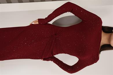 Kayık Yaka Sim Detaylı Drapeli Sandy Abiye Elbise Bordo