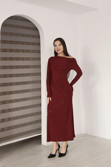 Kayık Yaka Sim Detaylı Drapeli Sandy Abiye Elbise Bordo