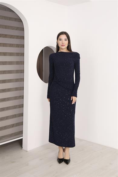 Kayık Yaka Sim Detaylı Drapeli Sandy Abiye Elbise Larcivert