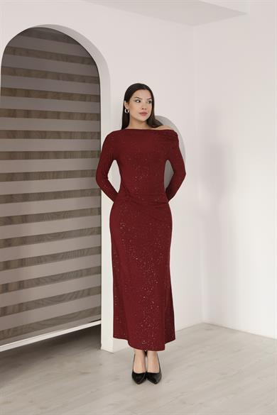 Kayık Yaka Sim Detaylı Drapeli Sandy Abiye Elbise Bordo