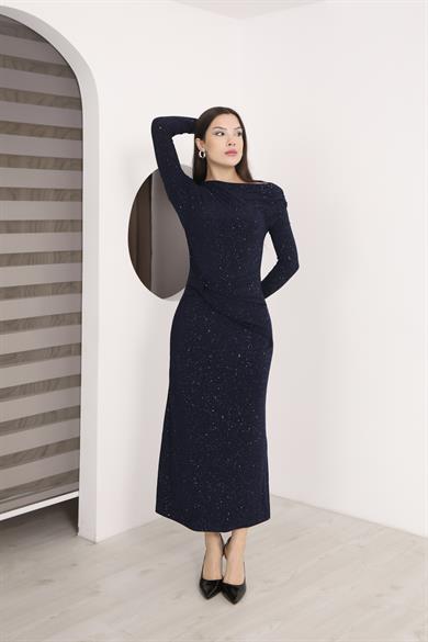 Kayık Yaka Sim Detaylı Drapeli Sandy Abiye Elbise Larcivert