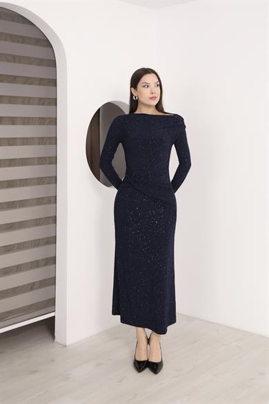 Kayık Yaka Sim Detaylı Drapeli Sandy Abiye Elbise Larcivert