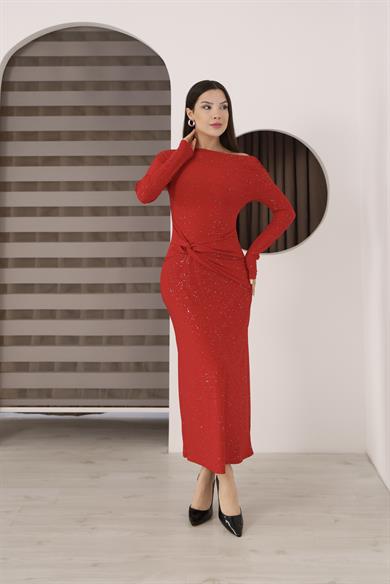 Kayık Yaka Sim Detaylı Drapeli Sandy Abiye Elbise Kırmızı