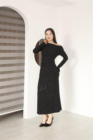 Kayık Yaka Sim Detaylı Drapeli Sandy Abiye Elbise Siyah